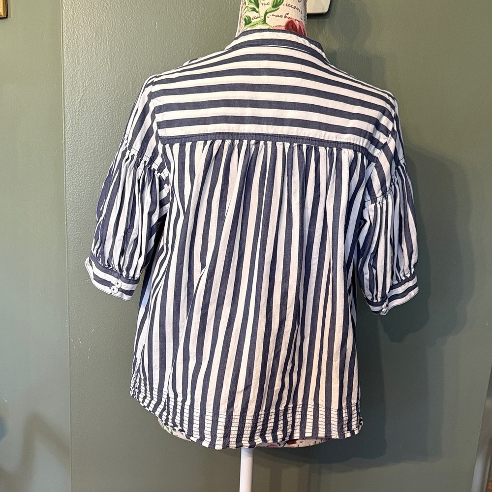 Anthropologie Navy and White Striped Darcey popover Neck Puff Sleeve Top - Picture 3 of 4